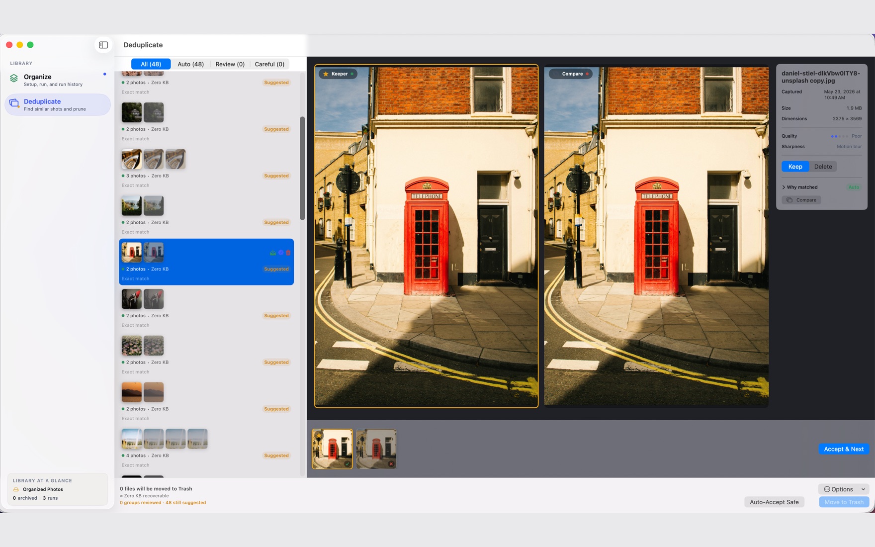 Chronoframe's Deduplicate review comparing two near-identical photos side by side, one marked Keeper and one for Compare, with Keep and Delete controls.