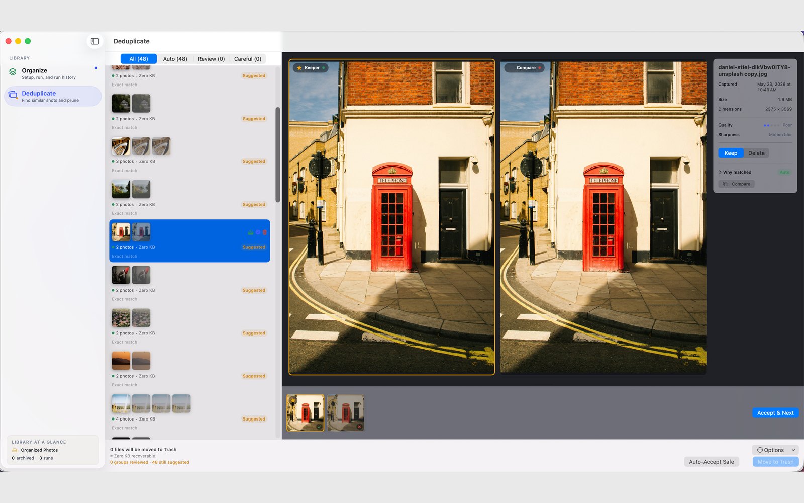 Chronoframe Deduplicate comparing two similar photos with keep and delete choices.