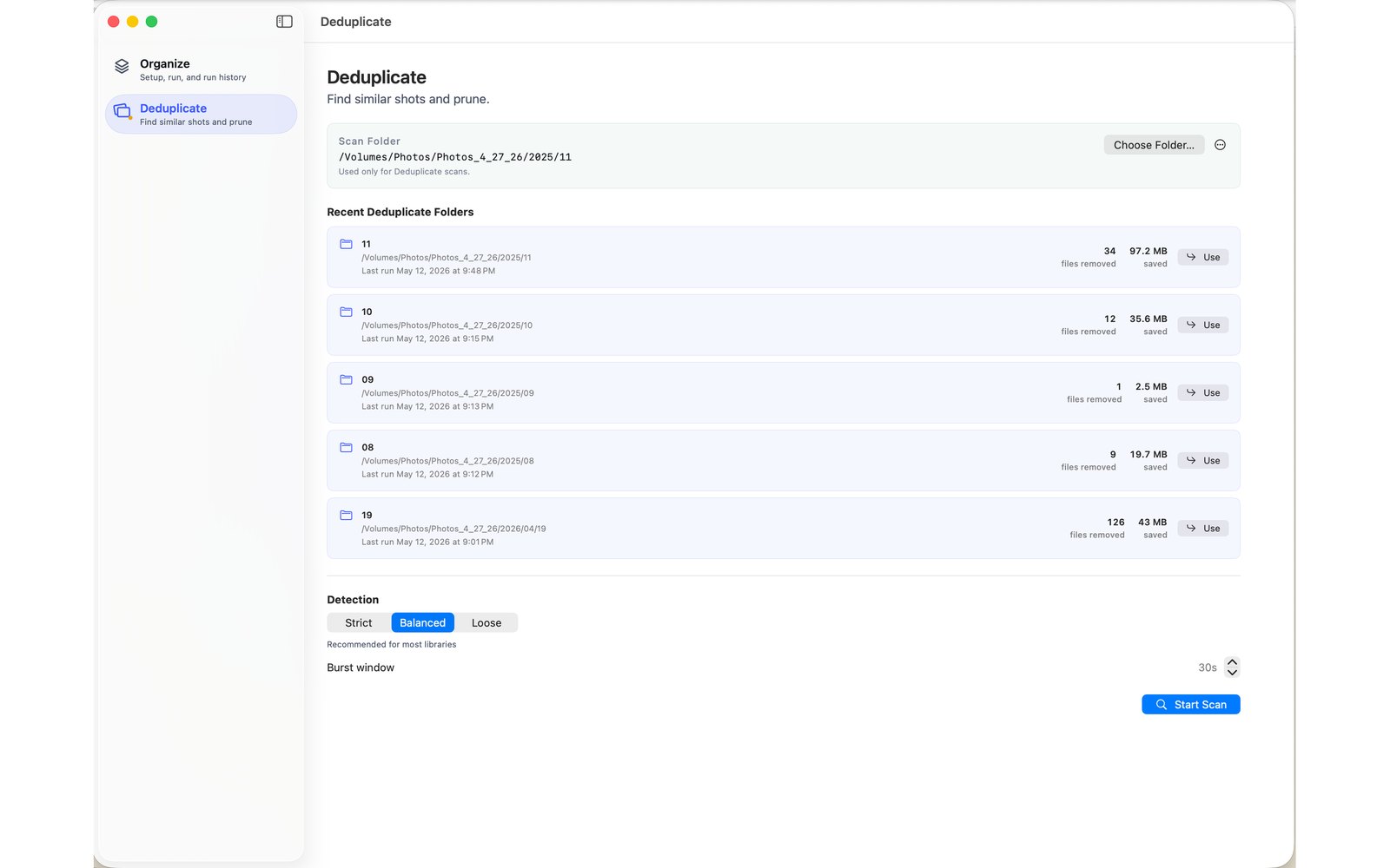 Chronoframe Deduplicate showing recent folders with files removed and space saved.