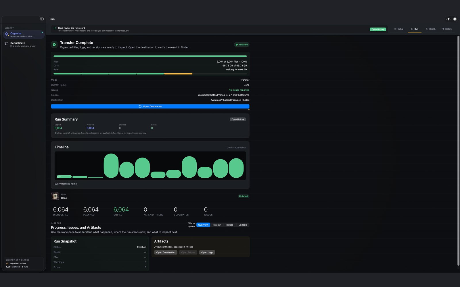 Chronoframe showing a completed organize transfer with copied file counts and run summary.