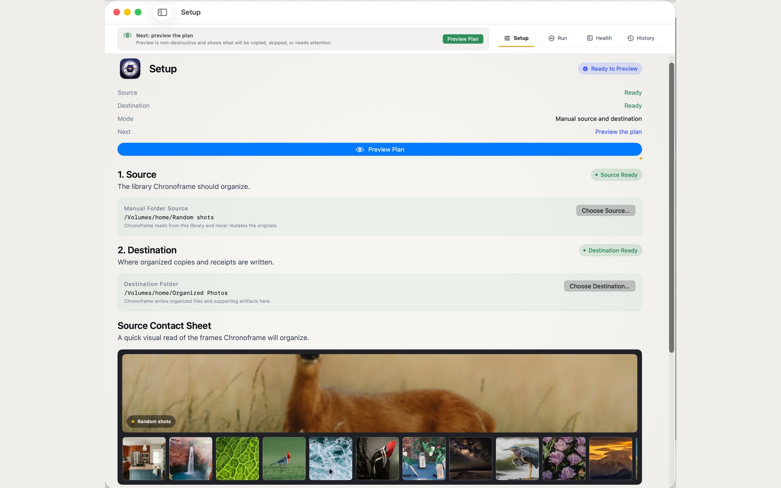 Chronoframe Organize setup with source and destination folders plus a contact sheet preview.