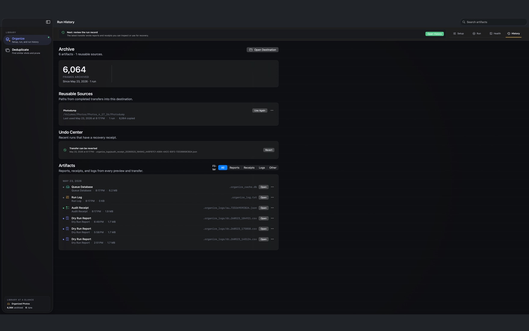 Chronoframe History tab: an archive of runs, reusable source paths, an Undo Center card reading Transfer can be reverted with a Revert button, and a list of receipts, reports, and logs.